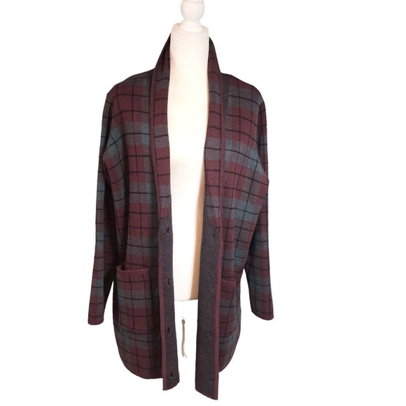 Denim & Co Shacket Women’s 1X Burgundy Gray Box Tartan Plaid Cotton Knit Open - Picture 4 of 12